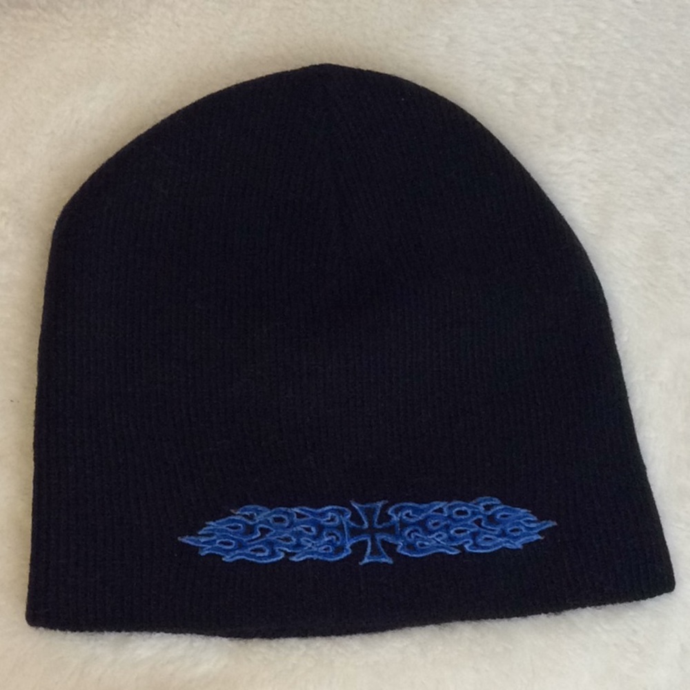 Biker Beanie Knit Hat Black with Blue Flames